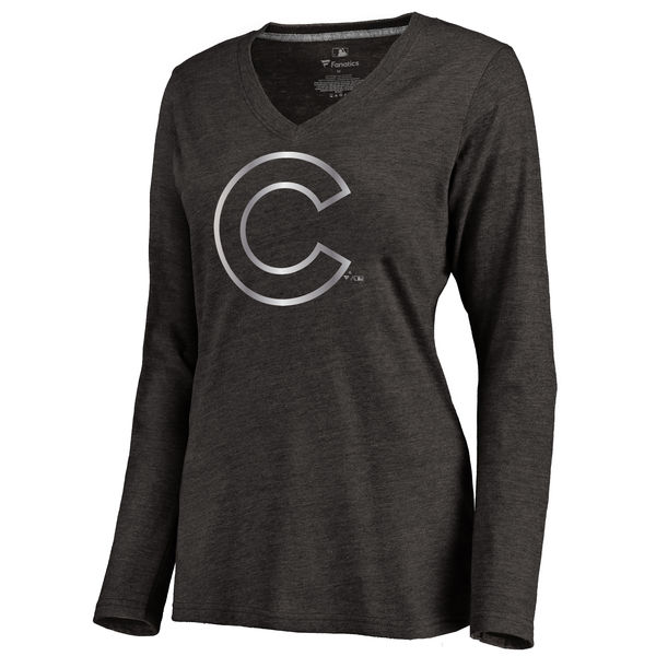 Chicago Cubs Women's Platinum Collection Long Sleeve V Neck Tri Blend T Shirt Black