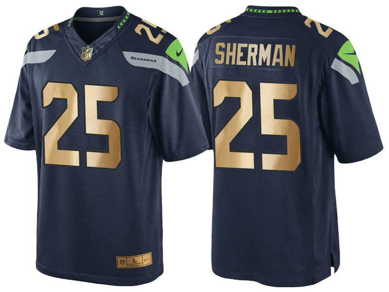 Nike Seahawks 25 Richard Sherman Navy Gold Game Jersey