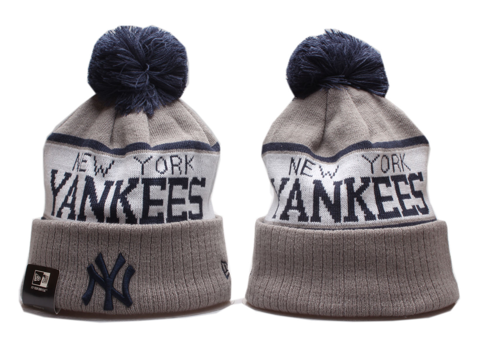 Yankees Team Logo Gray Wordmark Cuffed Pom Knit Hat YP