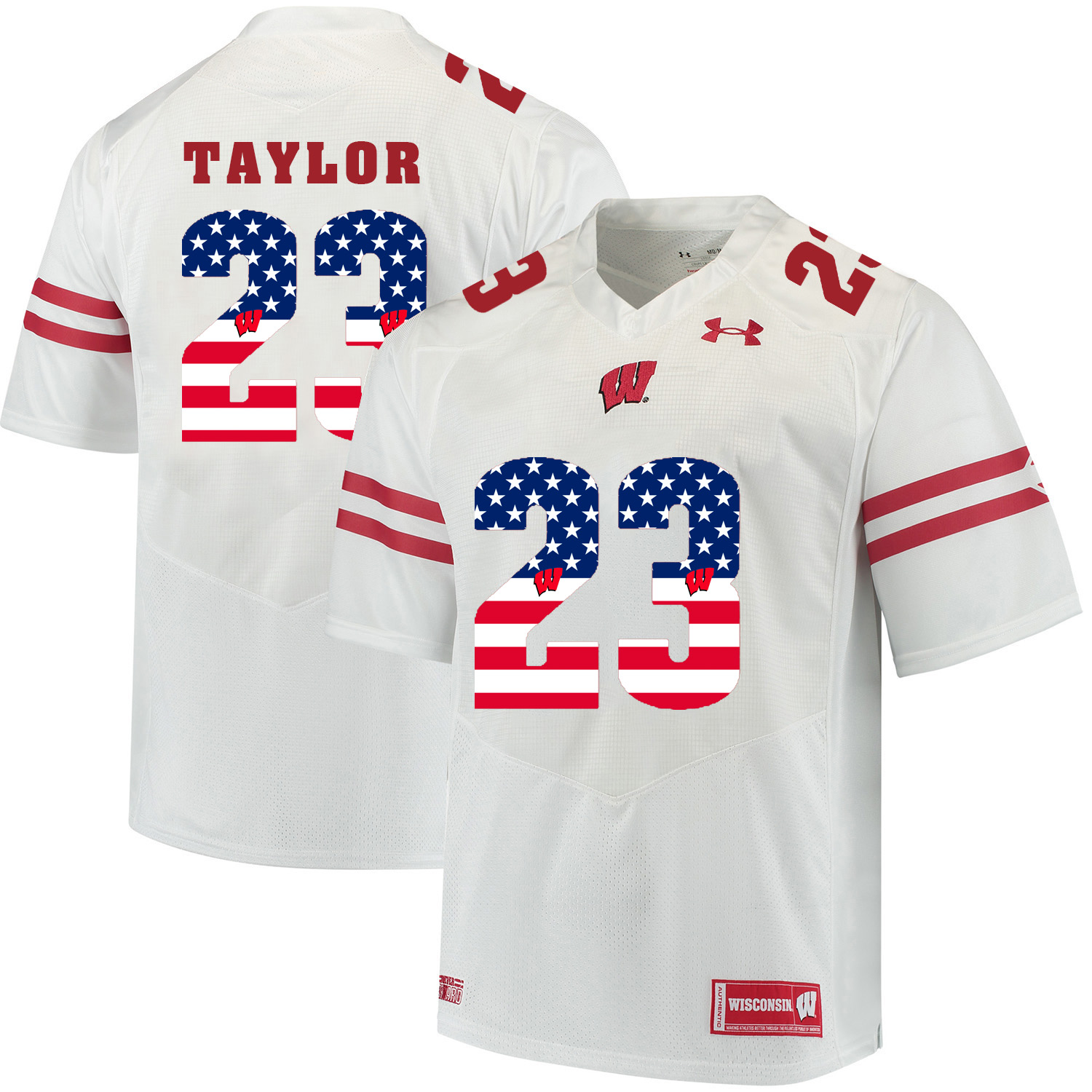 Wisconsin Badgers 23 Jonathan Taylor White USA Flag College Football Jersey