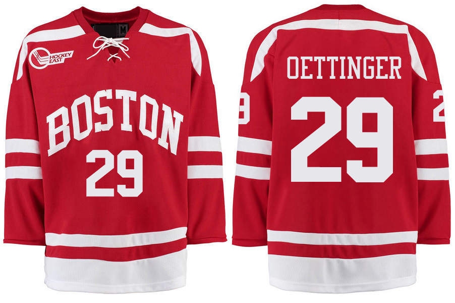 Boston University Terriers BU 29 Jake Oettinger Red Stitched Hockey Jersey