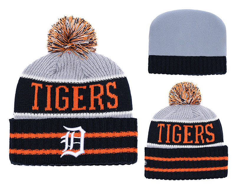 Tigers Team Logo Navy Gray Cuffed Knit Hat With Pom YD