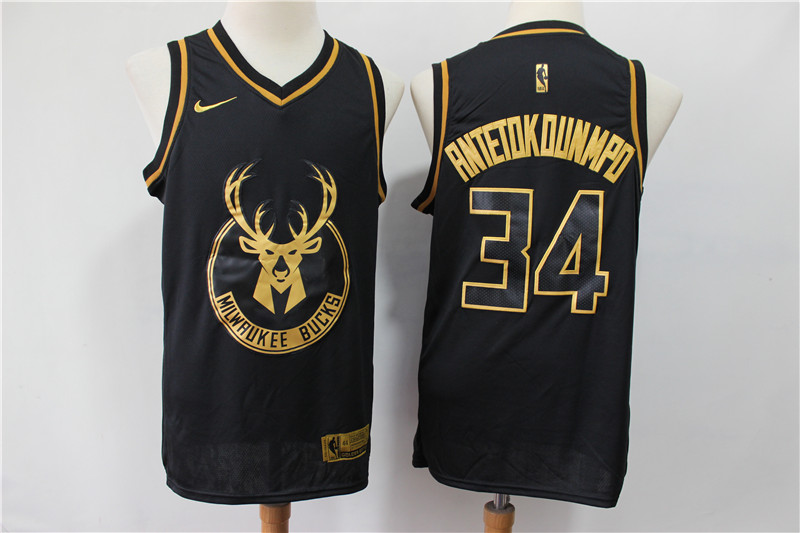 Bucks 34 Giannis Antetokounmpo Black Gold Nike Swingman Jersey