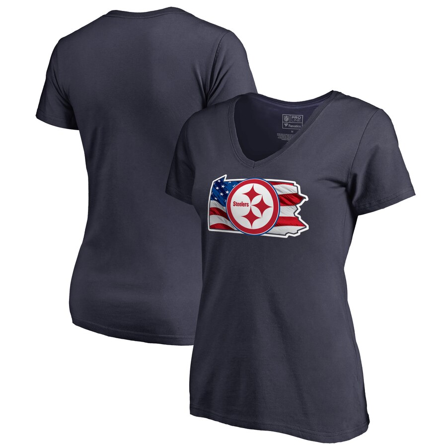 Pittsburgh Steelers NFL Pro Line by Fanatics Branded Women's Plus Size Banner State V Neck T-Shirt Navy