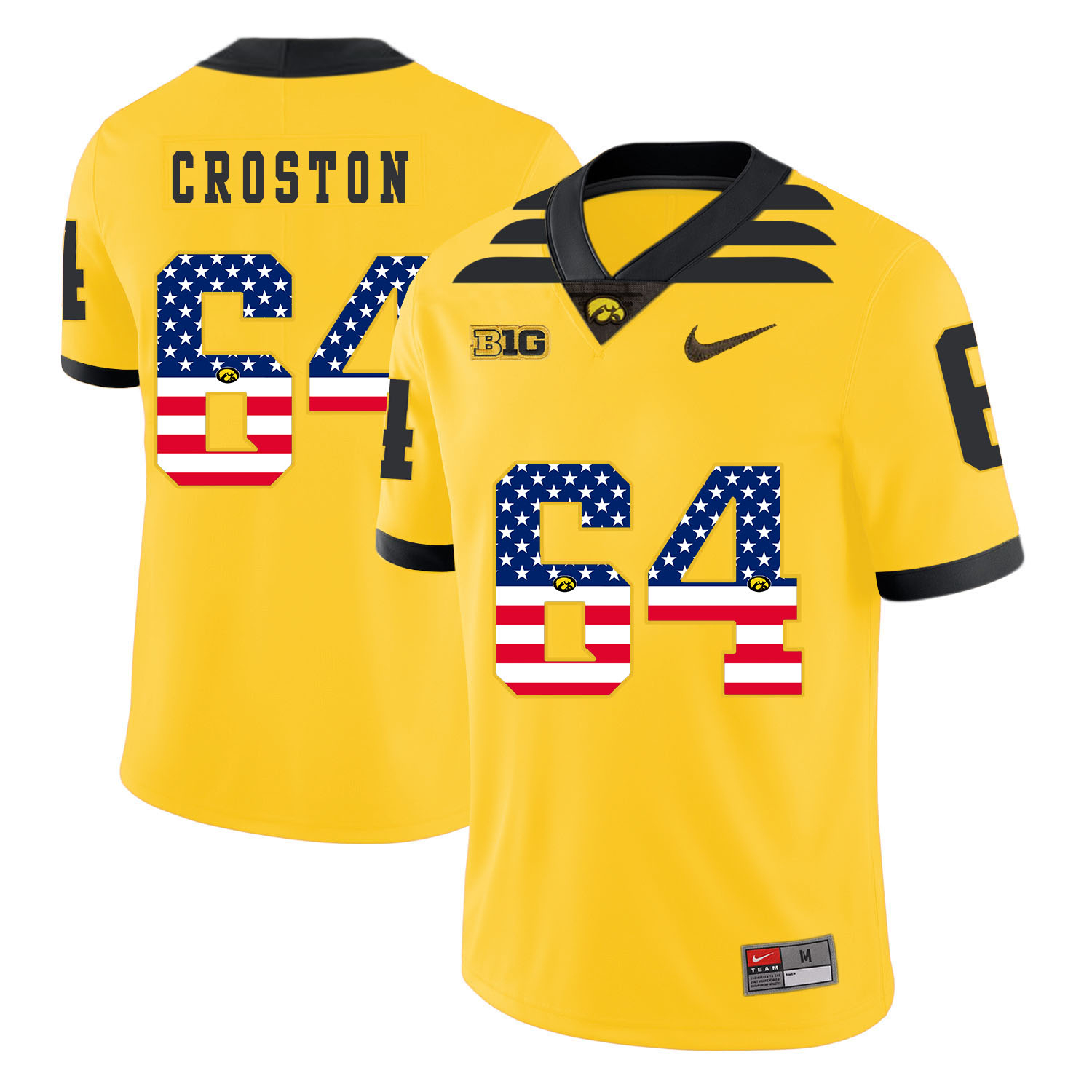 Iowa Hawkeyes 64 Cole Croston Yellow USA Flag College Football Jersey
