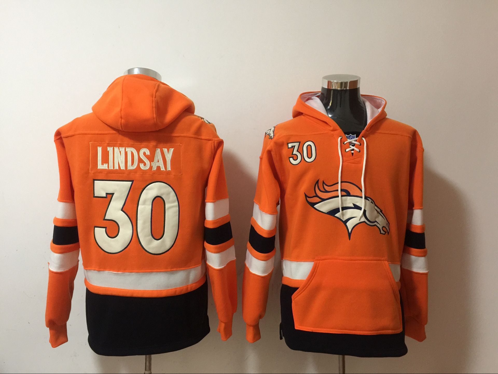 Nike Broncos 30 Phillip Lindsay Orange All Stitched Hooded Sweatshirt