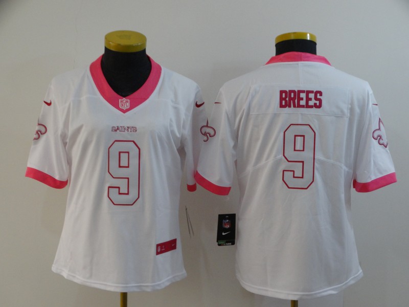Nike Saints 9 Drew Brees White Pink Fashion Women Rush Limited Jersey