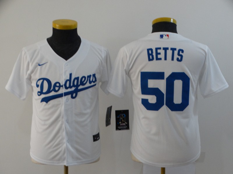 Dodgers 50 Mookie Betts White Youth 2020 Nike Cool Base Jersey