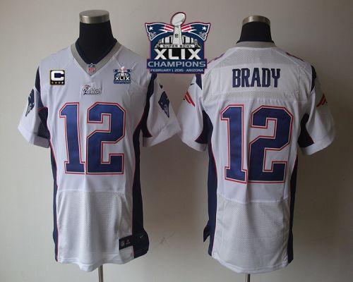 Nike Patriots 12 Brady White With C Patch 2015 Super Bowl XLIX Champions Elite Jerseys
