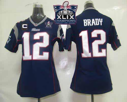 Nike Patriots 12 Brady Blue With C Patch 2015 Super Bowl XLIX Champions Women Game Jerseys