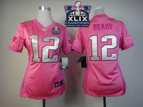 Nike Patriots 12 Brady Pink Love 2015 Super Bowl XLIX Champions Women Game Jerseys