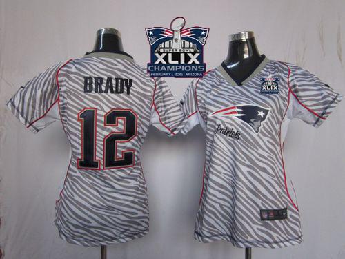 Nike Patriots 12 Brady Zebra 2015 Super Bowl XLIX Champions Women Game Jerseys