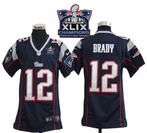 Nike Patriots 12 Brady Blue 2015 Super Bowl XLIX Champions Youth Game Jerseys