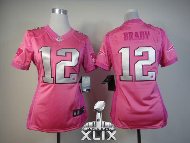Nike Patriots 12 Brady Pink Love Women 2015 Super Bowl XLIX Jerseys