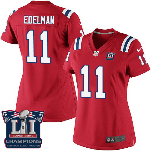 Nike Patriots 11 Julian Edelman Red 2017 Super Bowl LI Champions Women Game Jersey