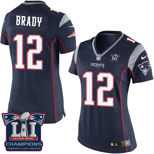 Nike Patriots 12 Tom Brady Navy 2017 Super Bowl LI Champions Women Game Jersey