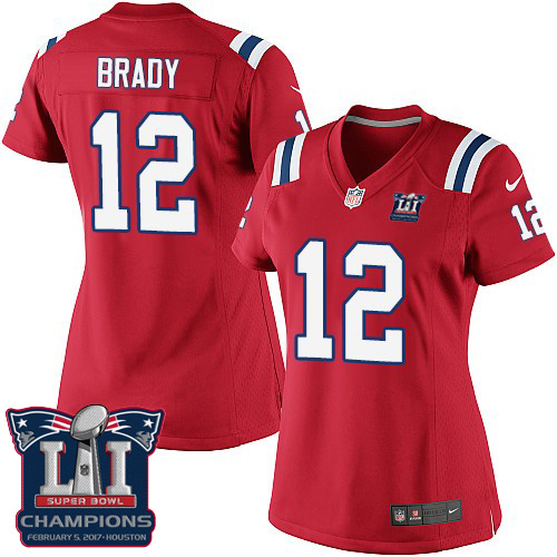Nike Patriots 12 Tom Brady Red 2017 Super Bowl LI Champions Women Game Jersey