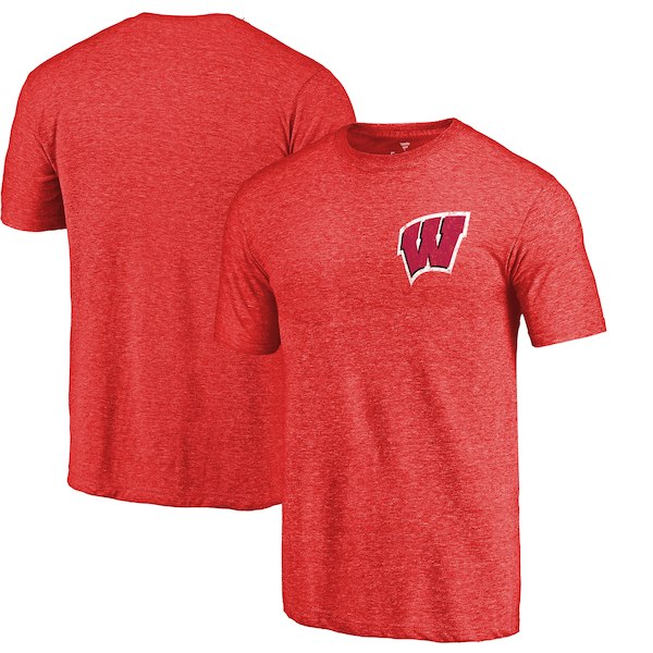 Wisconsin Badgers Fanatics Branded Red Heather Left Chest Distressed Logo Tri-Blend T-Shirt
