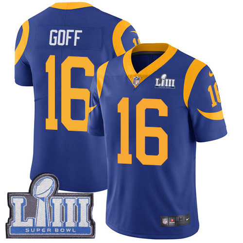 Nike Rams 16 Jared Goff Royal Youth 2019 Super Bowl LIII Vapor Untouchable Limited Jersey