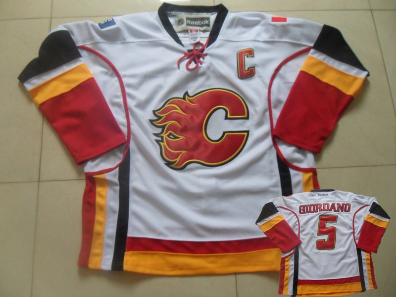 Flames 5 Giordano White C Patch Jersey