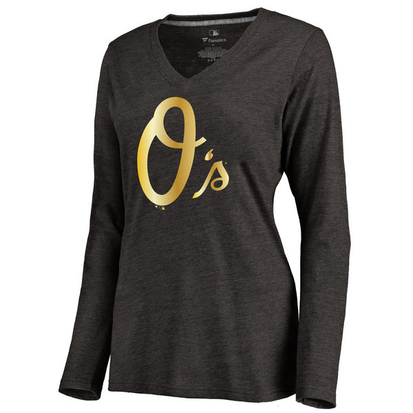 Baltimore Orioles Women's Gold Collection Long Sleeve V Neck Tri Blend T-Shirt Black