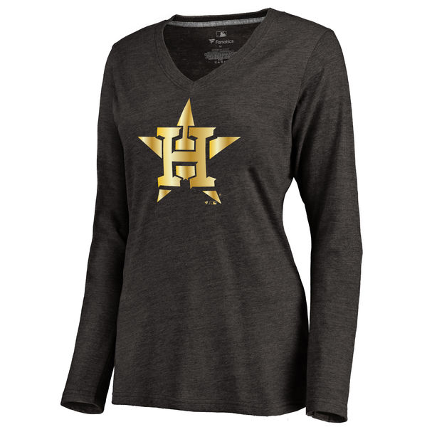 Houston Astros Women's Gold Collection Long Sleeve V Neck Tri Blend T-Shirt Black