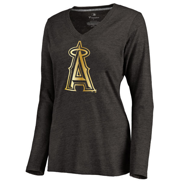 Los Angeles Angels Women's Gold Collection Long Sleeve V Neck Tri Blend T-Shirt Black