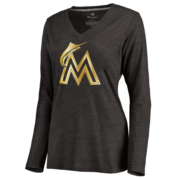 Miami Marlins Women's Gold Collection Long Sleeve V Neck Tri Blend T-Shirt Black