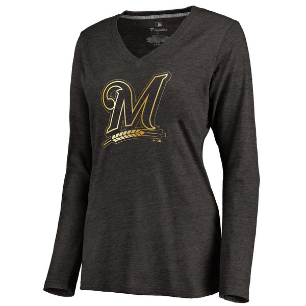 Milwaukee Brewers Women's Gold Collection Long Sleeve V Neck Tri Blend T-Shirt Black