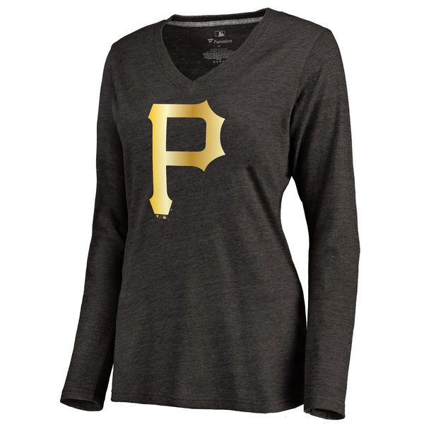 Pittsburgh Pirates Women's Gold Collection Long Sleeve V Neck Tri Blend T-Shirt Black