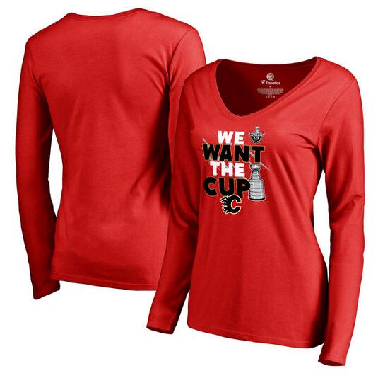 Calgary Flames Fanatics Branded Women's 2017 NHL Stanley Cup Playoff Participant Blue Line V Neck Long Sleeve T Shirt Red