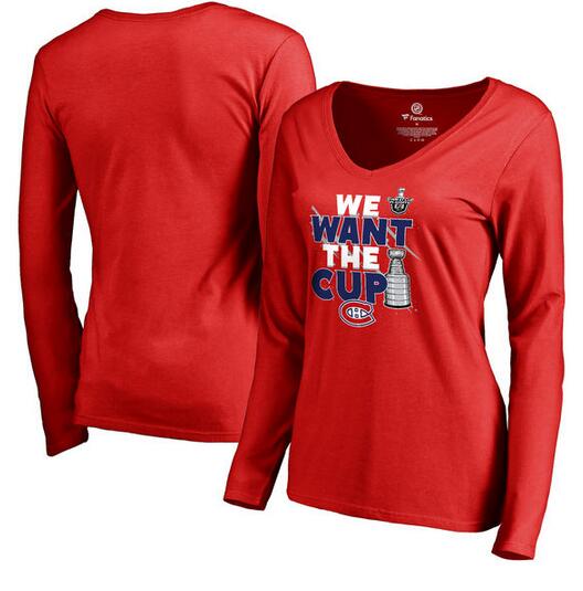 Montreal Canadiens Fanatics Branded Women's 2017 NHL Stanley Cup Playoff Participant Blue Line V Neck Long Sleeve T Shirt Red