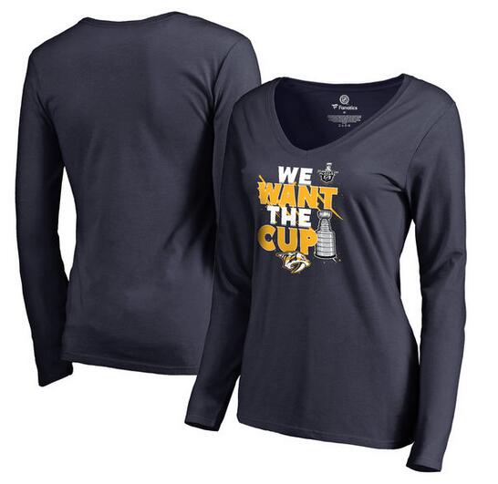 Nashville Predators Fanatics Branded Women's 2017 NHL Stanley Cup Playoff Participant Blue Line V Neck Long Sleeve T Shirt Navy