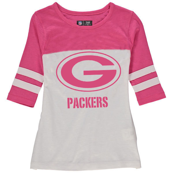 Green Bay Packers 5th & Ocean by New Era Girls Youth Jersey 34 Sleeve T-Shirt White/Pink
