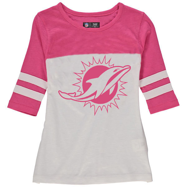 Miami Dolphins 5th & Ocean by New Era Girls Youth Jersey 34 Sleeve T-Shirt White/Pink
