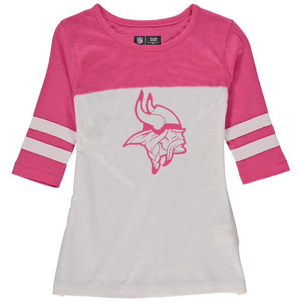 Minnesota Vikings 5th & Ocean by New Era Girls Youth Jersey 34 Sleeve T-Shirt White/Pink