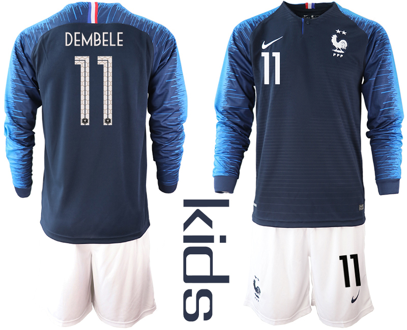 France 11 DEMBELE Home Youth 2018 FIFA World Cup Long Sleeve Soccer Jersey