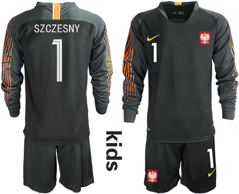 Poland 1 SZCZESNY Black Youth 2018 FIFA World Cup Long Sleeve Goalkeeper Soccer Jersey