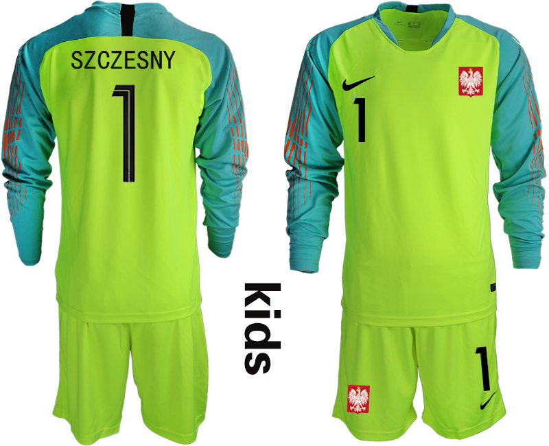 Poland 1 SZCZESNY Fluorescent Green Youth 2018 FIFA World Cup Long Sleeve Goalkeeper Soccer Jersey