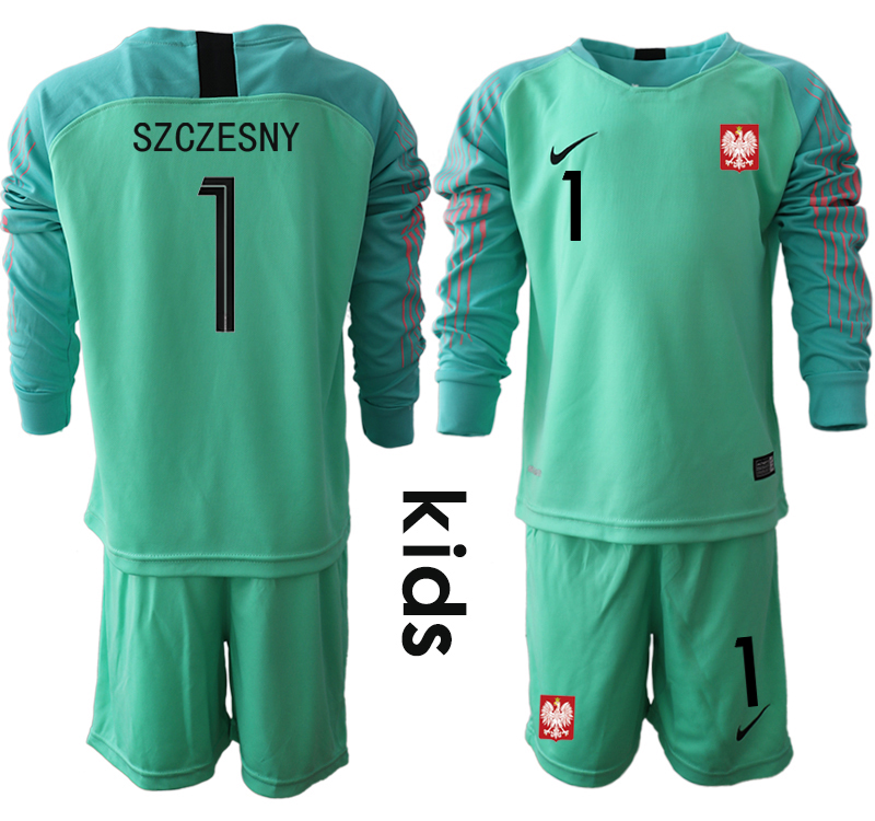 Poland 1 SZCZESNY Green Youth 2018 FIFA World Cup Long Sleeve Goalkeeper Soccer Jersey
