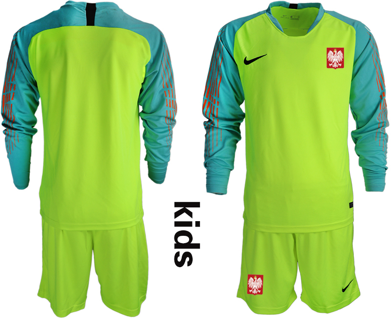 Poland Fluorescent Green Youth 2018 FIFA World Cup Long Sleeve Goalkeeper Soccer Jersey