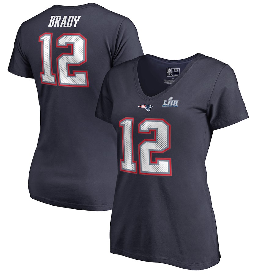 New England Patriots 12 Tom Brady NFL Pro Line by Fanatics Branded Women's Super Bowl LIII Bound Eligible Receiver Name & Number V Neck T-Shirt Navy