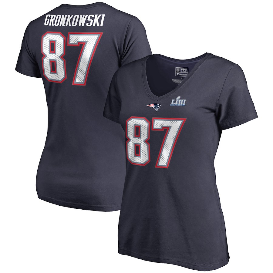 New England Patriots 87 Rob Gronkowski NFL Pro Line by Fanatics Branded Women's Super Bowl LIII Bound Eligible Receiver Name & Number V Neck T-Shirt Navy