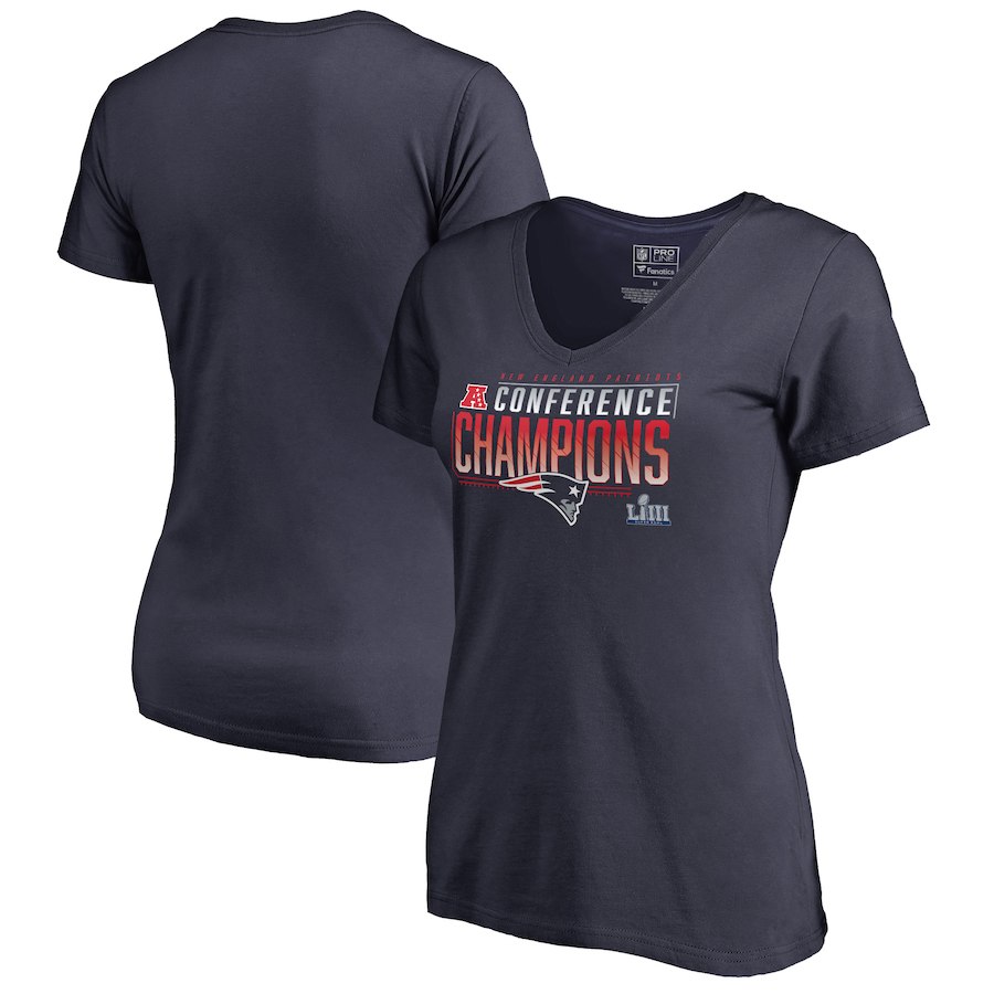 New England Patriots NFL Pro Line by Fanatics Branded Women's 2018 AFC Champions Touchback V Neck T-Shirt Navy