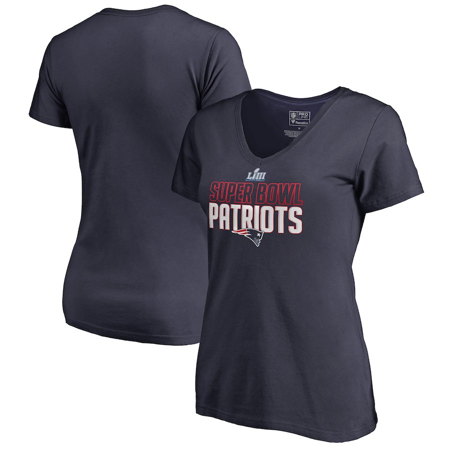 New England Patriots NFL Pro Line by Fanatics Branded Women's Super Bowl LIII Bound Safety Blitz V Neck T-Shirt Navy