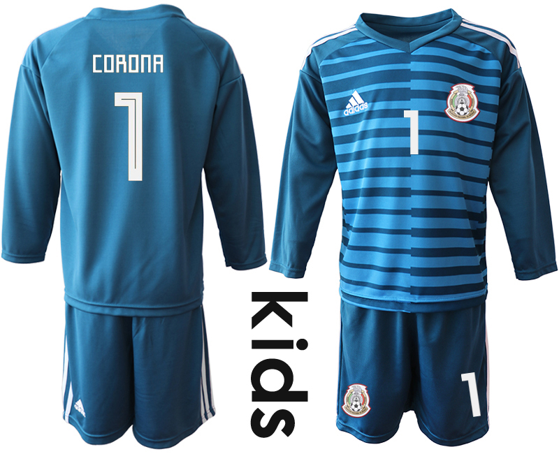 Mexico 1 CORONA Blue Youth 2018 FIFA World Cup Long Sleeve Goalkeeper Soccer Jersey