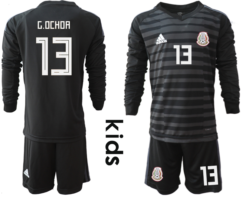 Mexico 13 G.OCHOA Black Youth 2018 FIFA World Cup Long Sleeve Goalkeeper Soccer Jersey