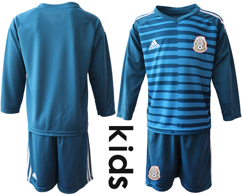 Mexico Blue Youth 2018 FIFA World Cup Long Sleeve Goalkeeper Soccer Jersey