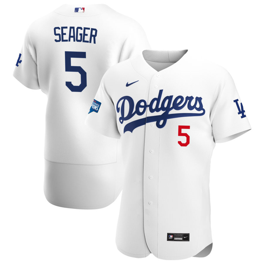 Dodgers 5 Corey Seager White Nike 2020 World Series Champions Flexbase Jersey