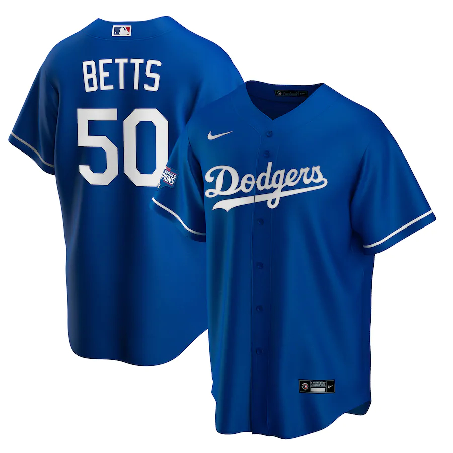 Dodgers 50 Mookie Betts Royal Nike 2020 World Series Champions Cool Base Jersey